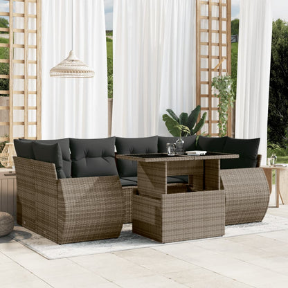 Salon de jardin avec coussins 7 pcs gris résine tressée