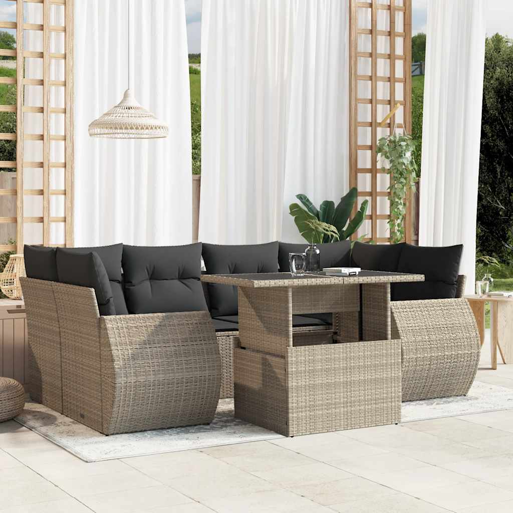 Salon de jardin avec coussins 7 pcs gris clair résine tressée