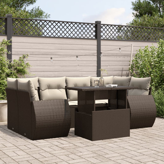 Salon de jardin avec coussins 7 pcs marron résine tressée