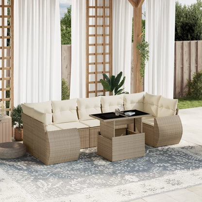 Salon de jardin avec coussins 8 pcs beige résine tressée