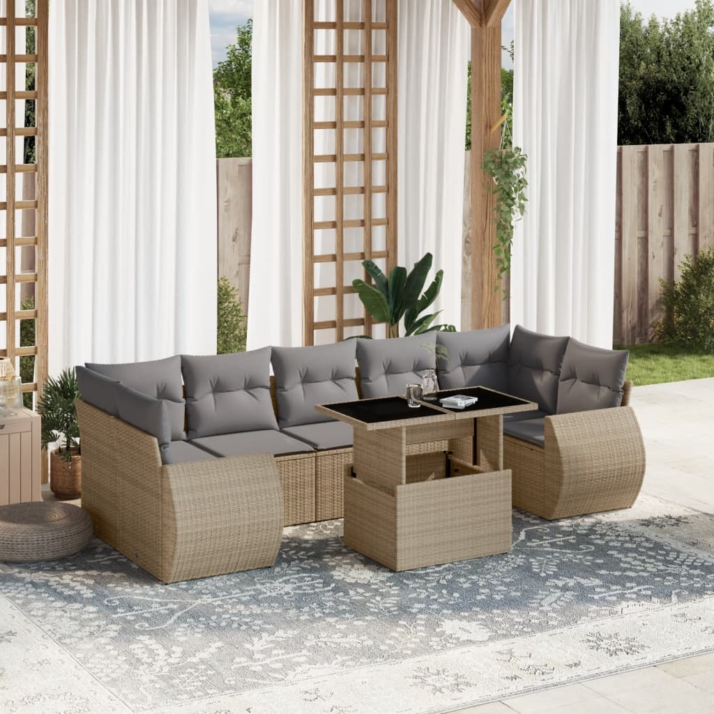 Salon de jardin avec coussins 8 pcs beige résine tressée