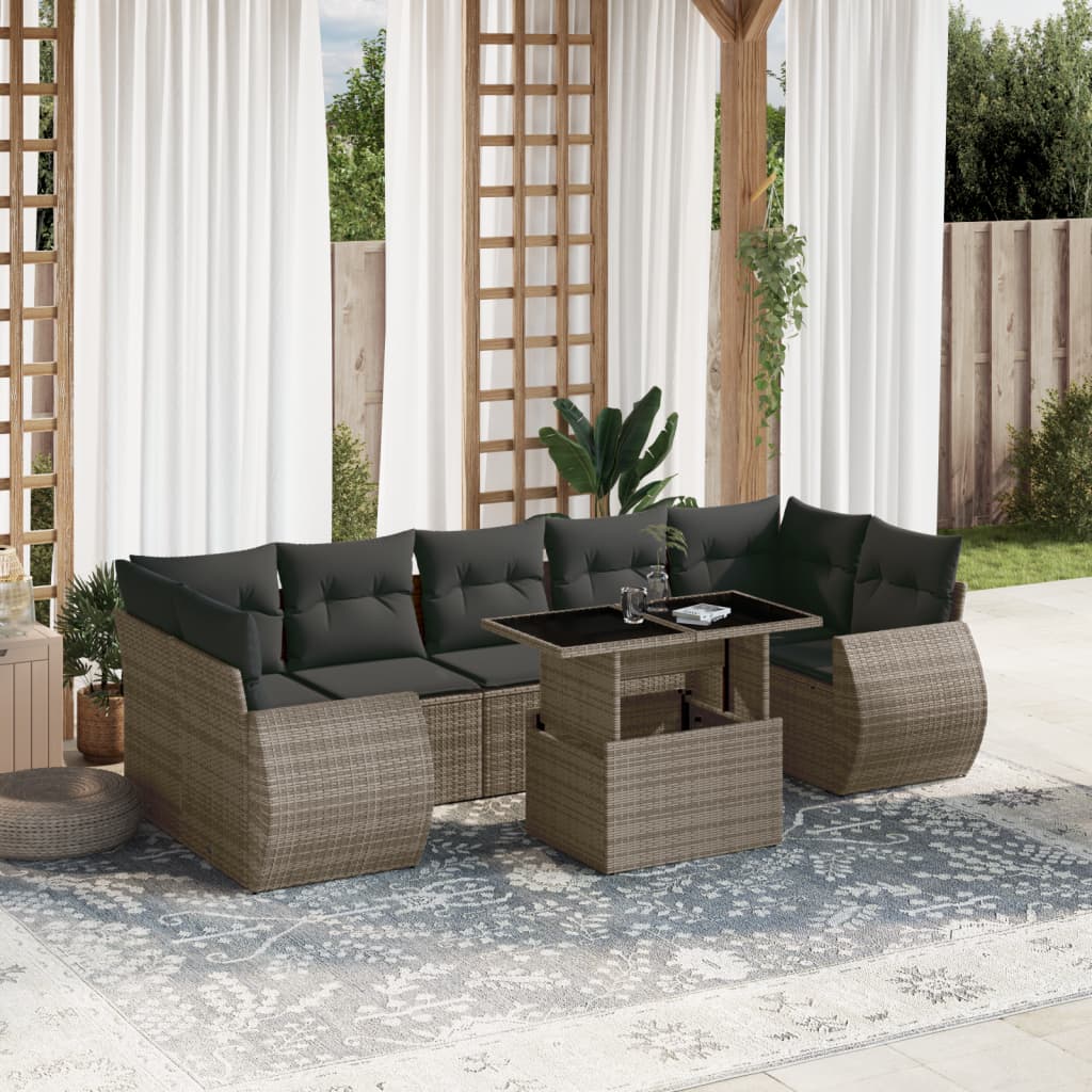 Salon de jardin 8 pcs avec coussins gris résine tressée