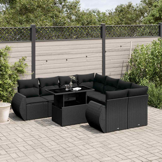 Salon de jardin 9 pcs avec coussins noir résine tressée