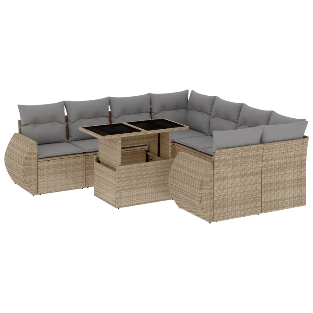 Salon de jardin avec coussins 9 pcs beige résine tressée