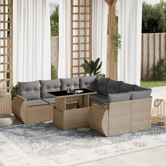 Salon de jardin avec coussins 9 pcs beige résine tressée