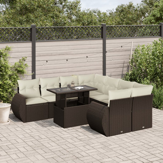 Salon de jardin avec coussins 9 pcs marron résine tressée