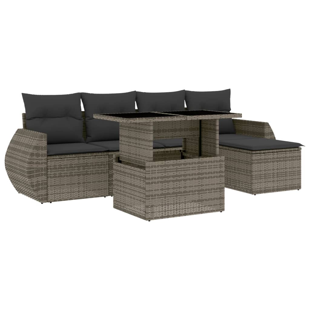 Salon de jardin 6 pcs avec coussins gris résine tressée