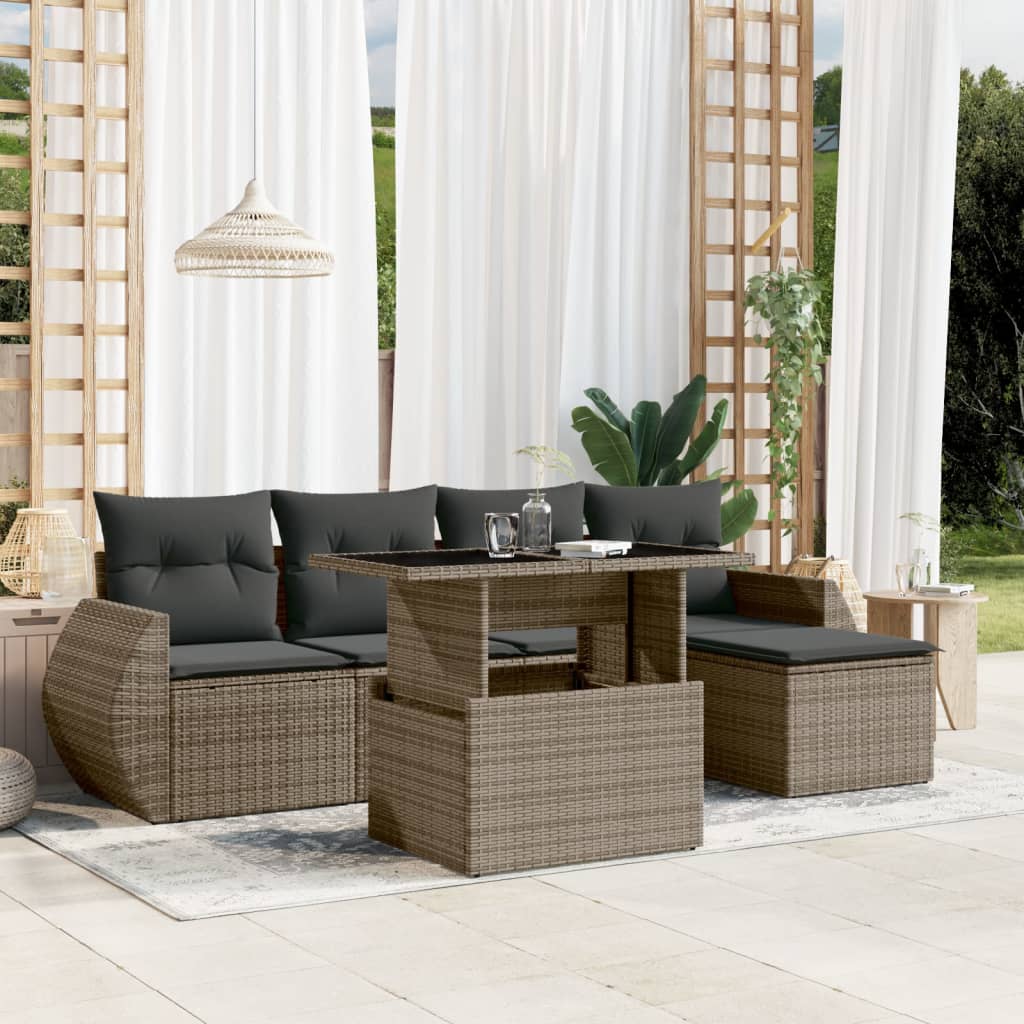 Salon de jardin 6 pcs avec coussins gris résine tressée