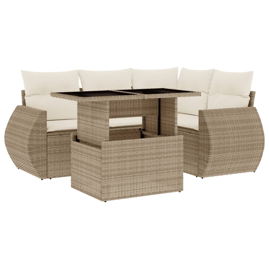 Salon de jardin avec coussins 5 pcs beige résine tressée