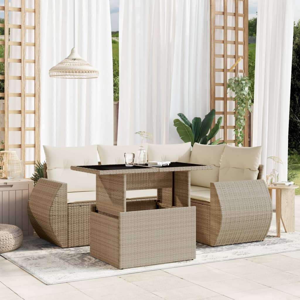 Salon de jardin avec coussins 5 pcs beige résine tressée