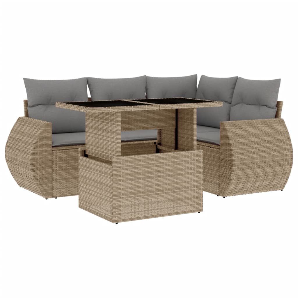 Salon de jardin avec coussins 5 pcs beige résine tressée