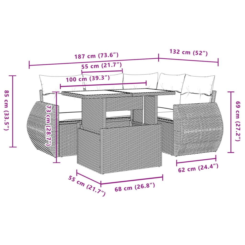 Salon de jardin avec coussins 5 pcs beige résine tressée