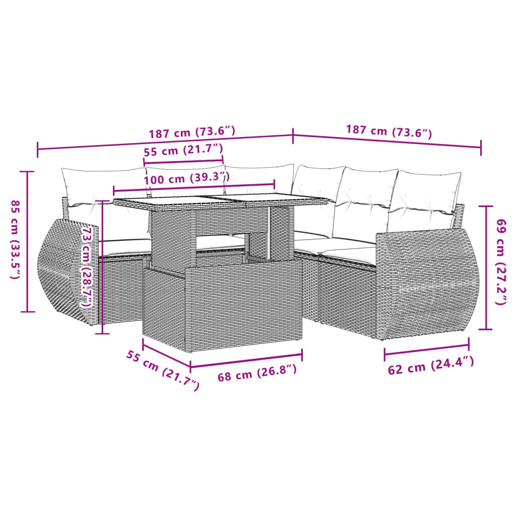 Salon de jardin avec coussins 6 pcs beige résine tressée