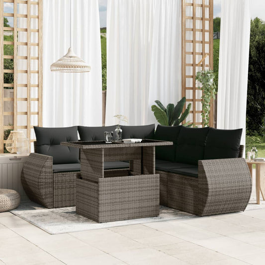 Salon de jardin 6 pcs avec coussins gris résine tressée