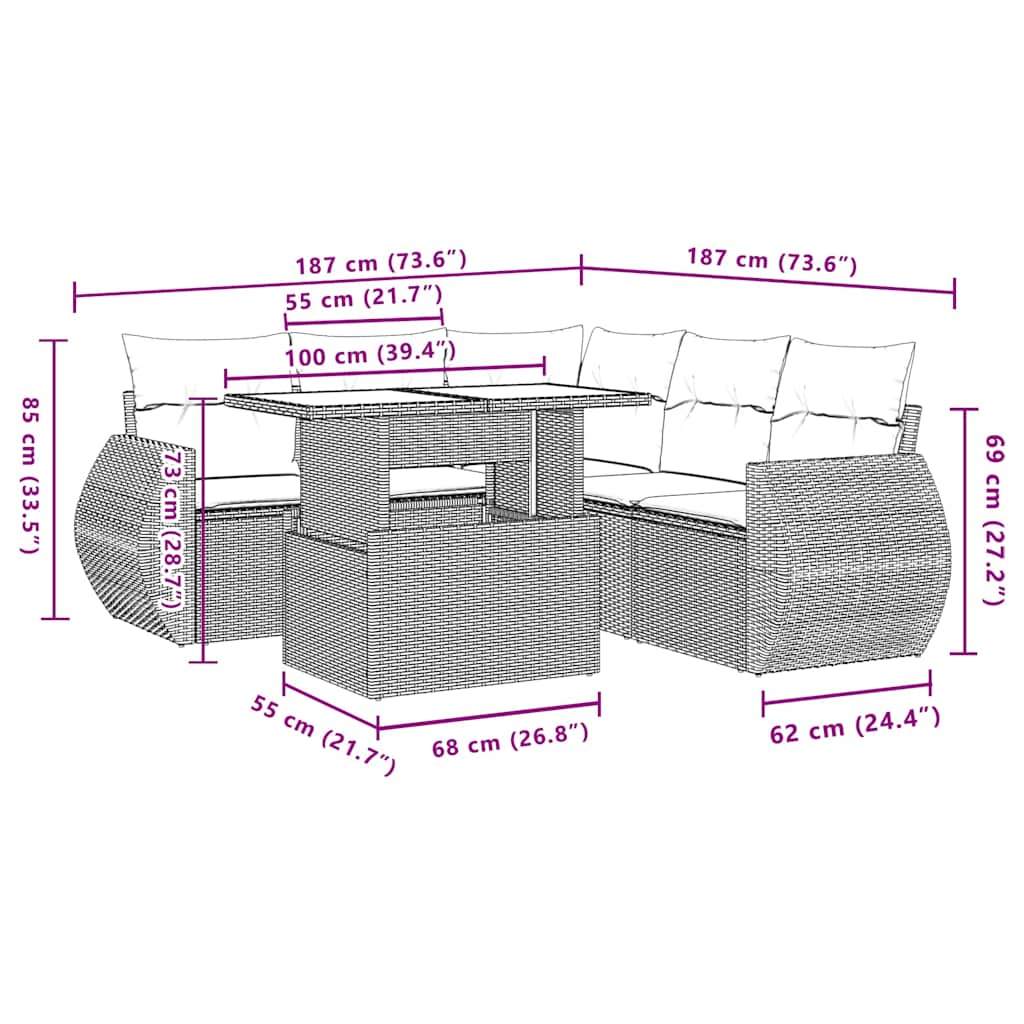 Salon de jardin 6 pcs avec coussins gris clair résine tressée