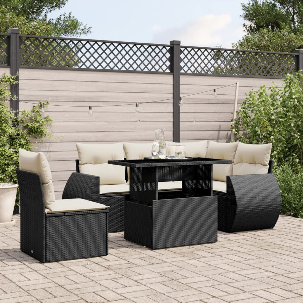 Salon de jardin 6 pcs avec coussins noir résine tressée