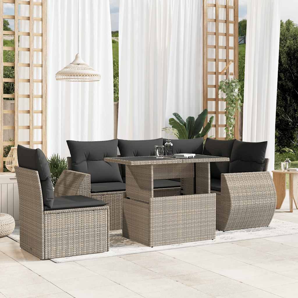 Salon de jardin 6 pcs avec coussins gris clair résine tressée