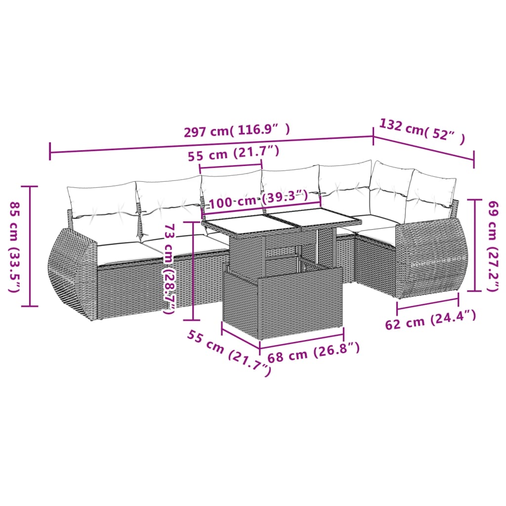 Salon de jardin avec coussins 7 pcs gris résine tressée