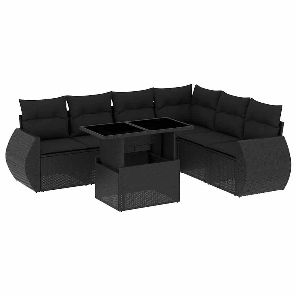 Salon de jardin 7 pcs avec coussins noir résine tressée