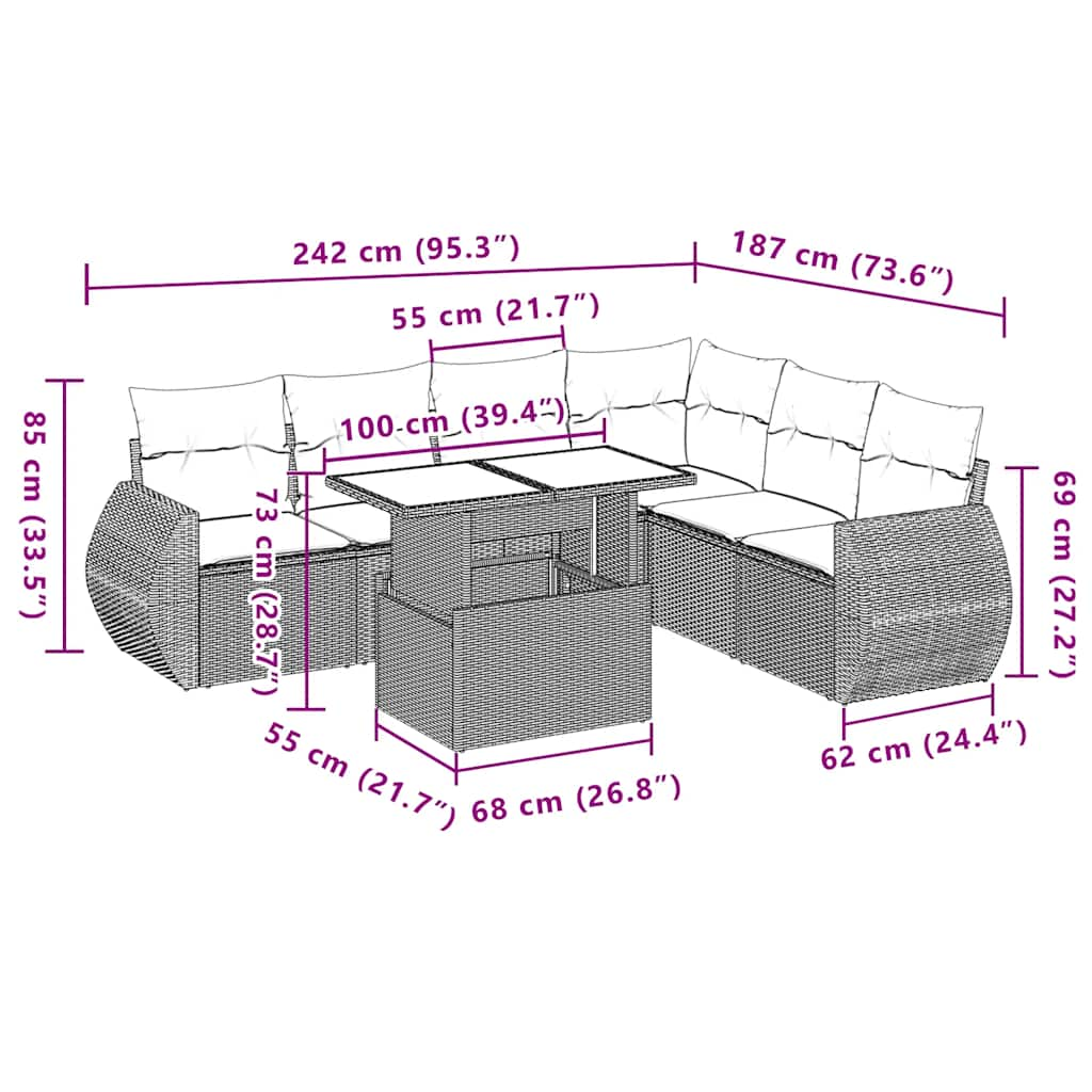 Salon de jardin avec coussins 7 pcs gris clair résine tressée