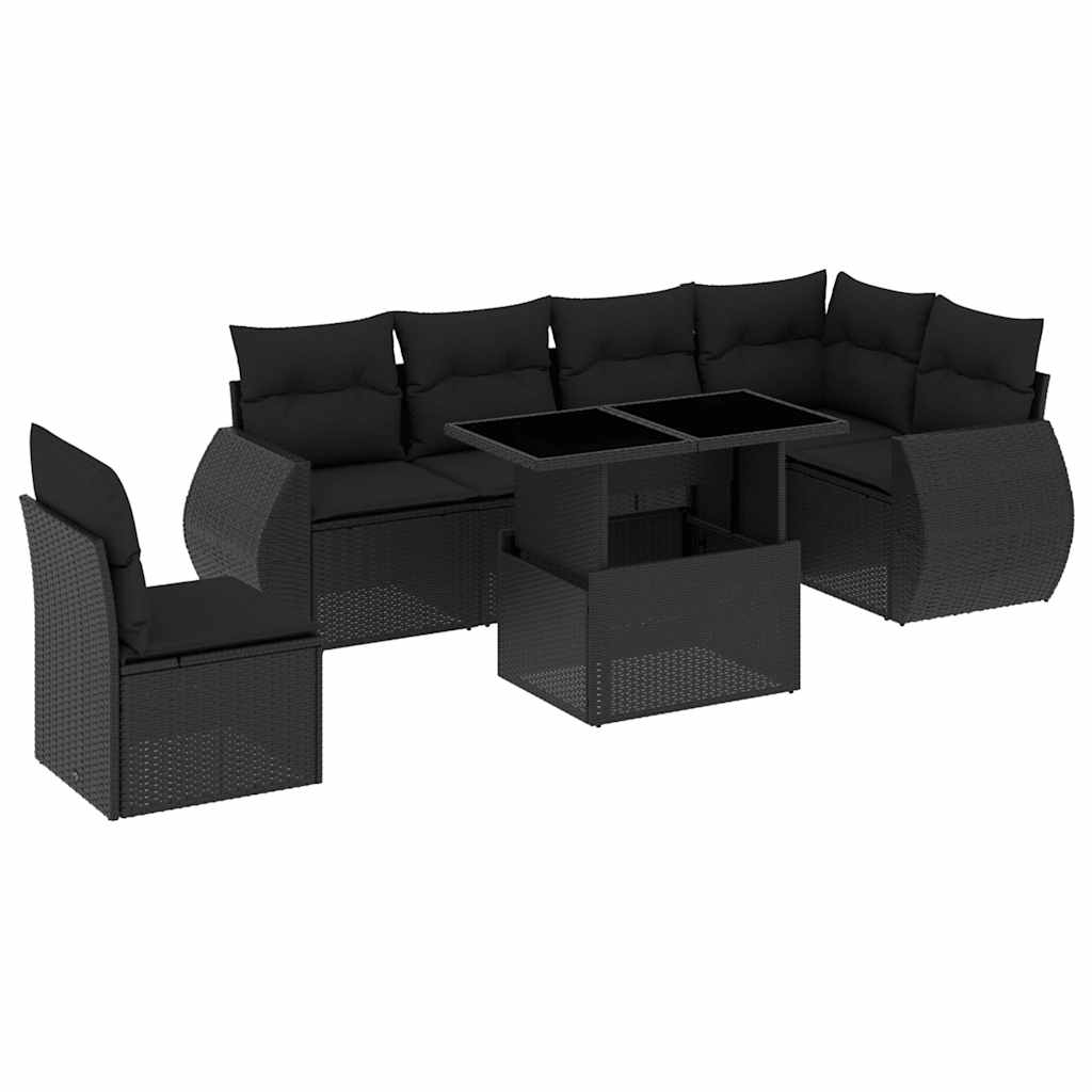 Salon de jardin 7 pcs avec coussins noir résine tressée