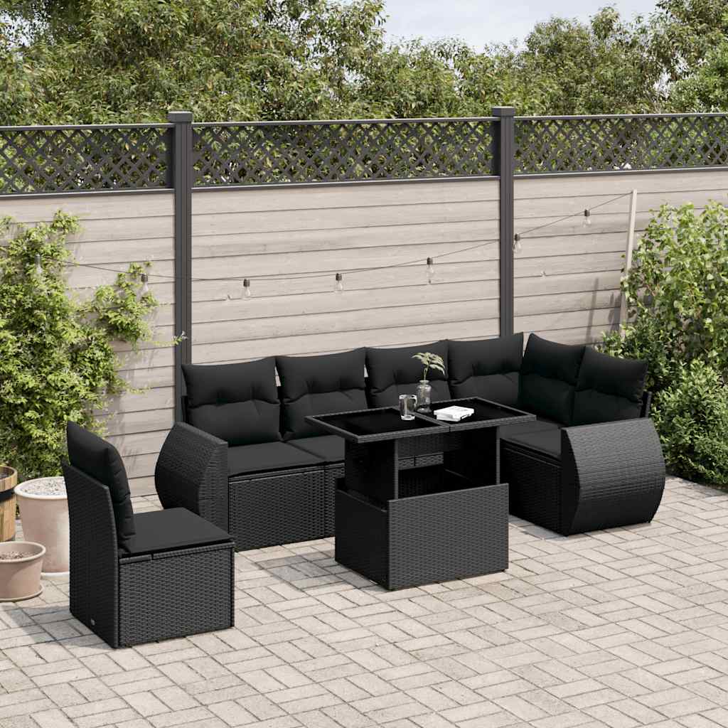 Salon de jardin 7 pcs avec coussins noir résine tressée