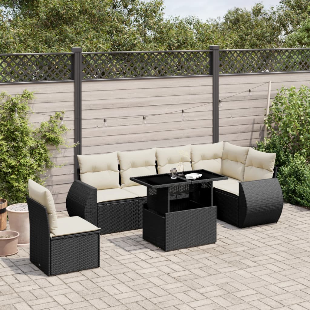 Salon de jardin 7 pcs avec coussins noir résine tressée