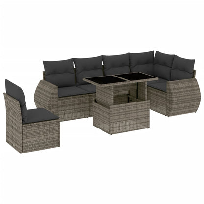 Salon de jardin avec coussins 7 pcs gris résine tressée