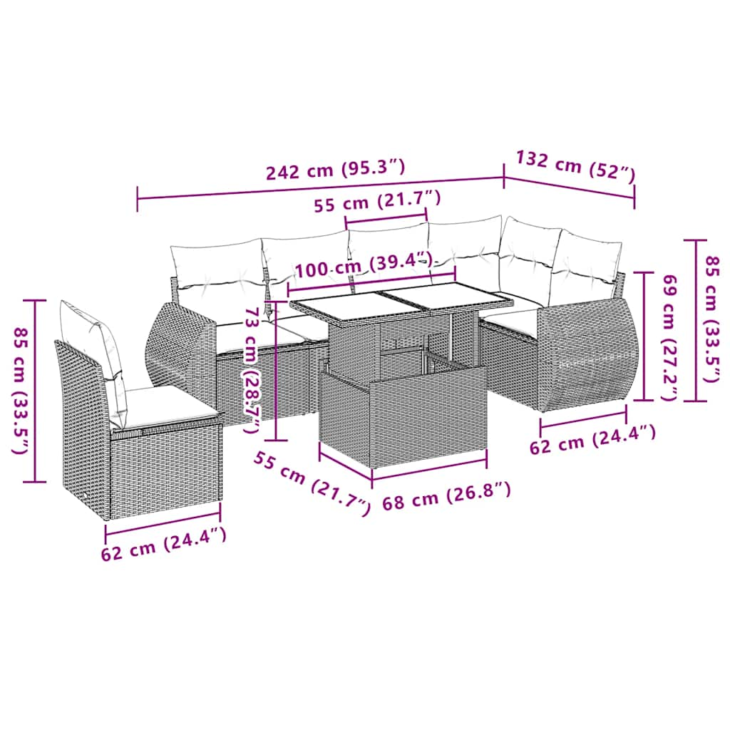 Salon de jardin avec coussins 7 pcs gris clair résine tressée