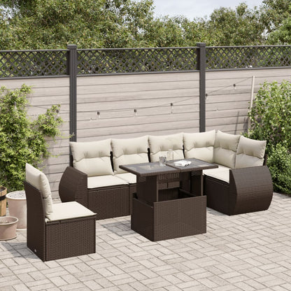 Salon de jardin avec coussins 7 pcs marron résine tressée