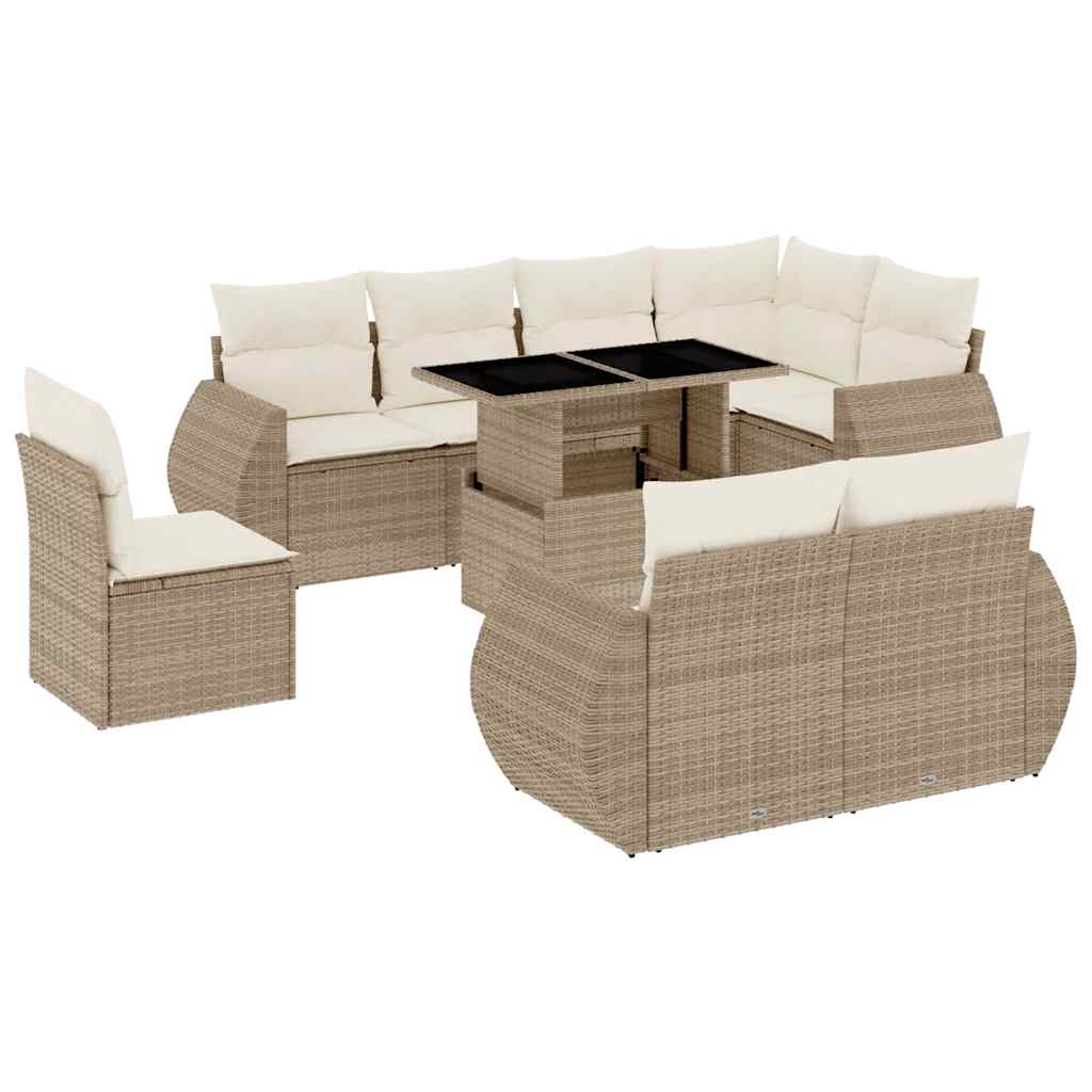 Salon de jardin avec coussins 9 pcs beige résine tressée