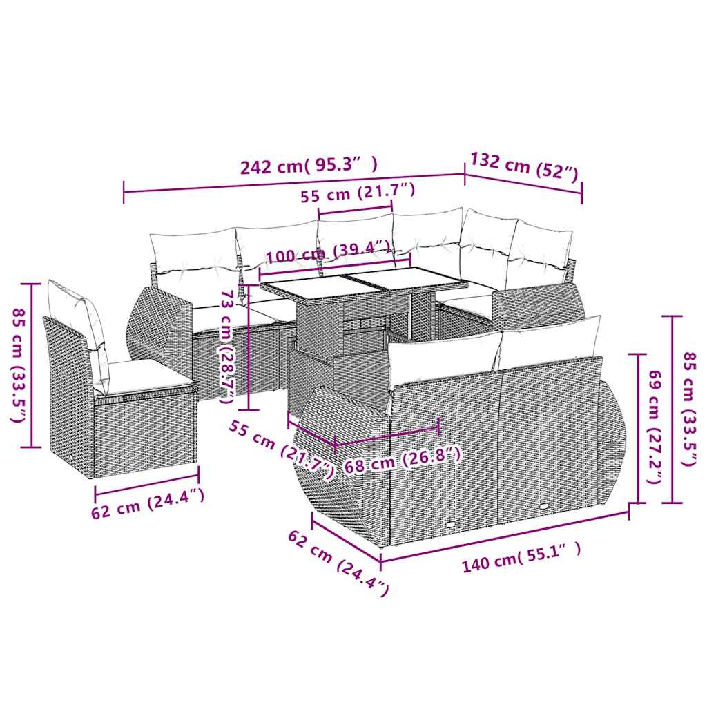 Salon de jardin avec coussins 9 pcs beige résine tressée