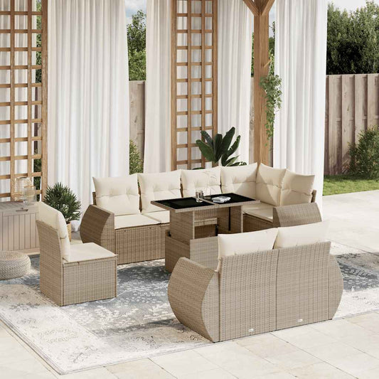 Salon de jardin avec coussins 9 pcs beige résine tressée