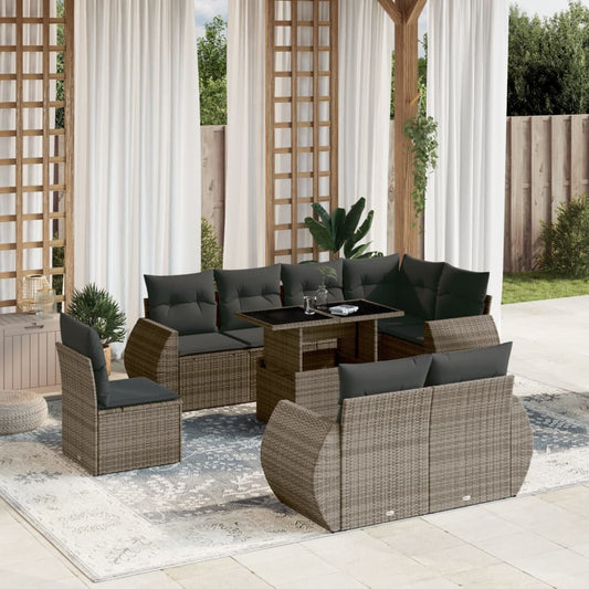 Salon de jardin 9 pcs avec coussins gris résine tressée