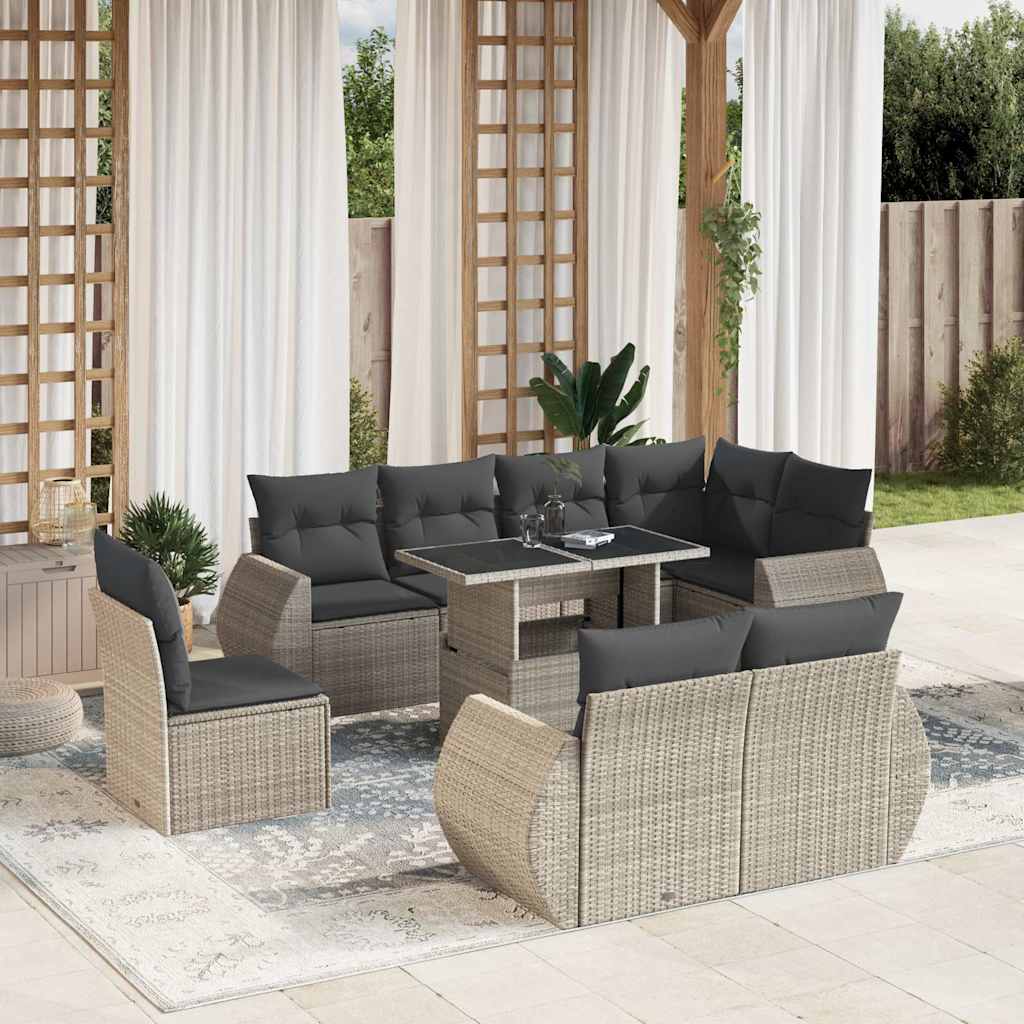 Salon de jardin 9 pcs avec coussins gris clair résine tressée