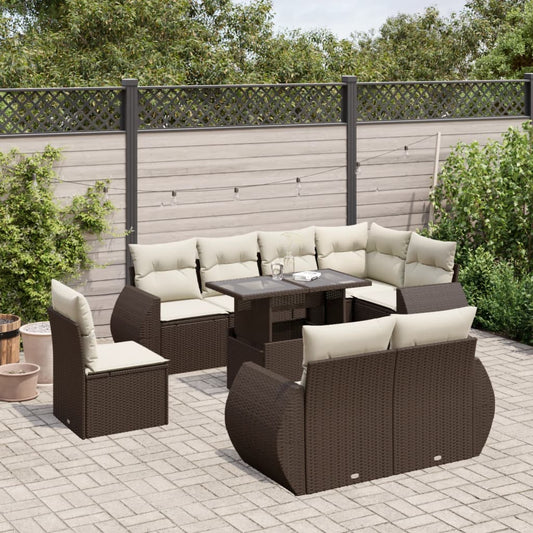 Salon de jardin avec coussins 9 pcs marron résine tressée