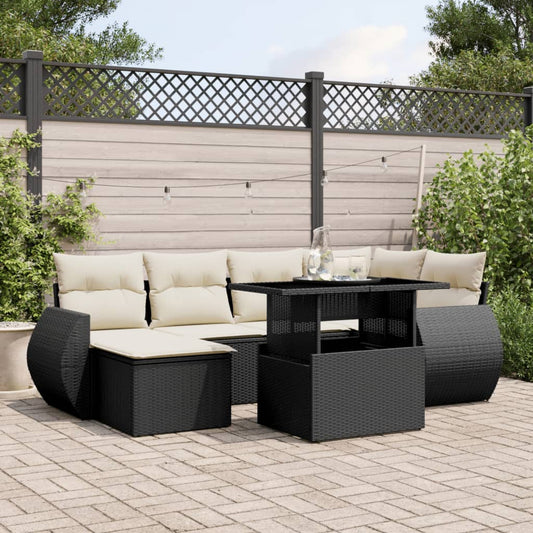 Salon de jardin 7 pcs avec coussins noir résine tressée