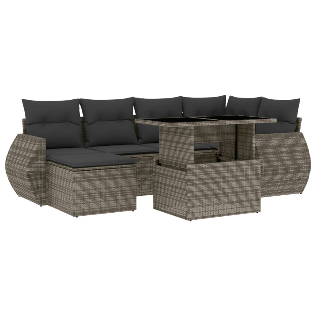 Salon de jardin avec coussins 7 pcs gris résine tressée