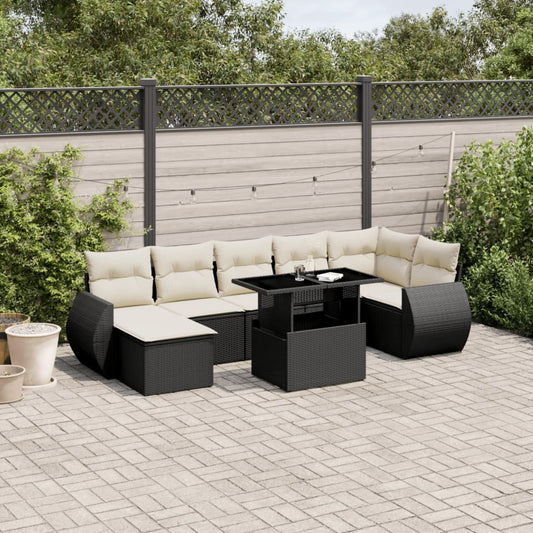 Salon de jardin 8 pcs avec coussins noir résine tressée