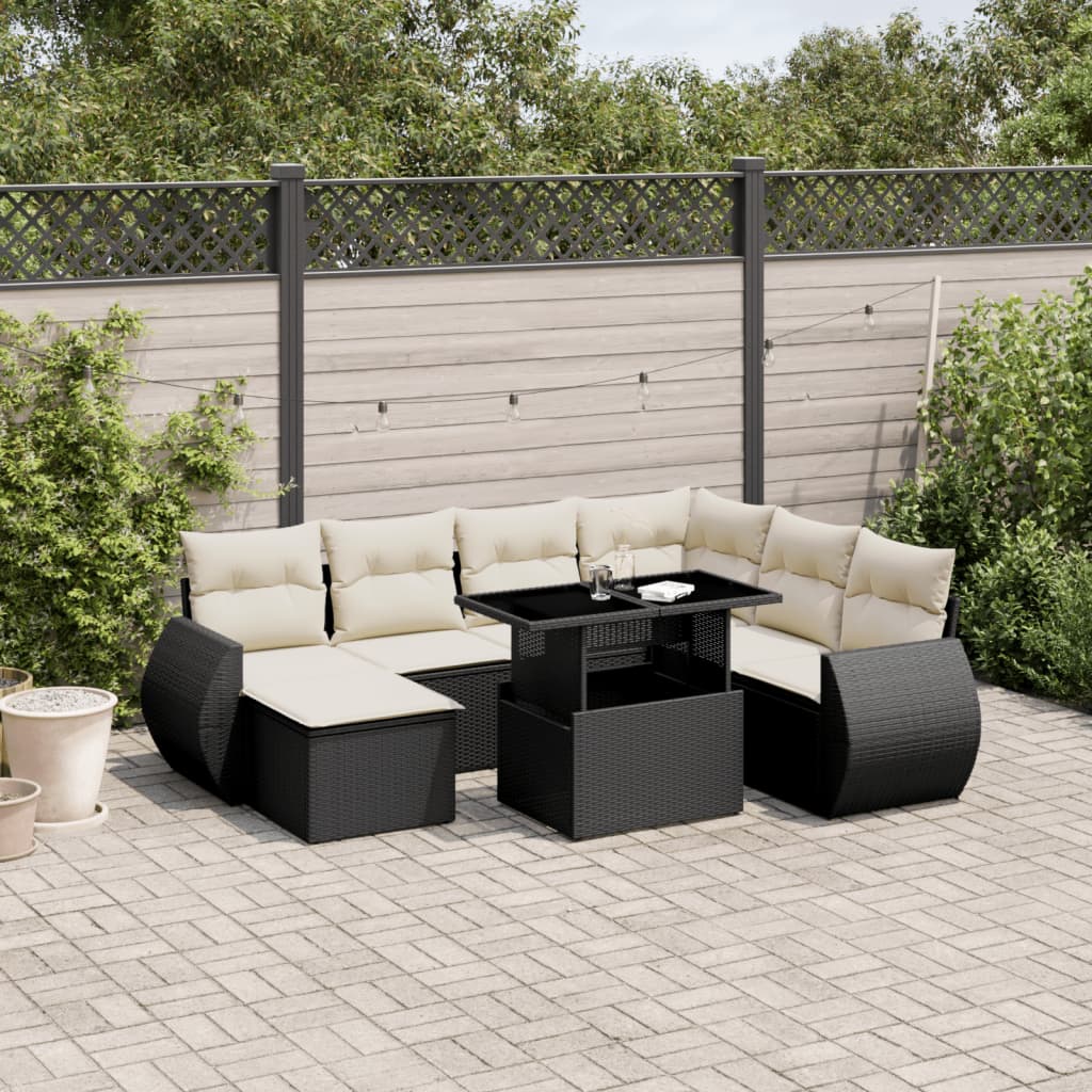 Salon de jardin 8 pcs avec coussins noir résine tressée