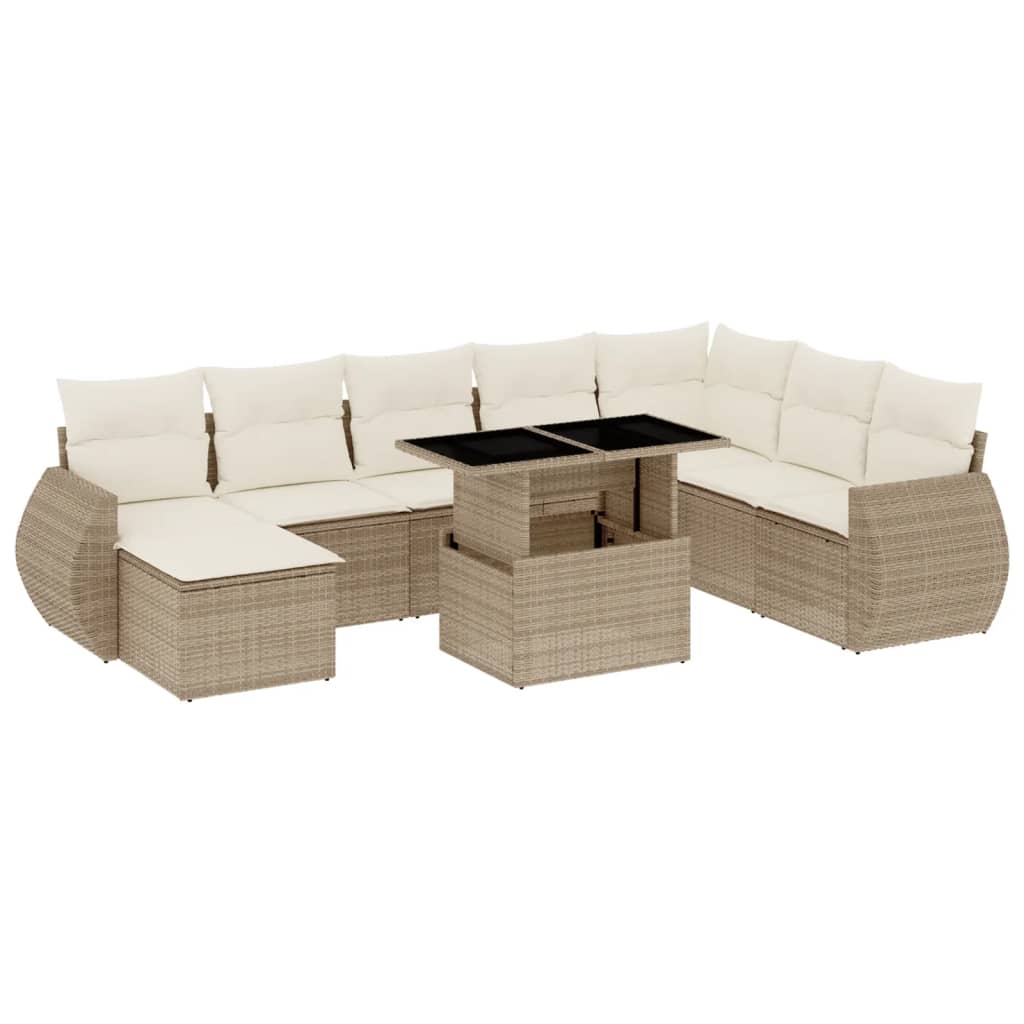 Salon de jardin avec coussins 9 pcs beige résine tressée