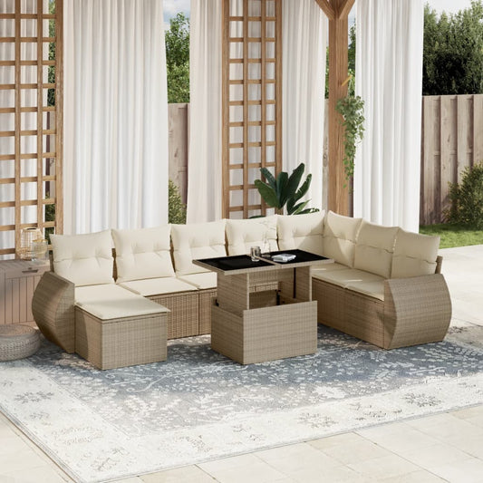 Salon de jardin avec coussins 9 pcs beige résine tressée