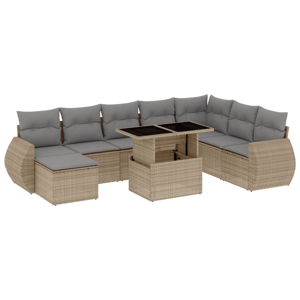 Salon de jardin avec coussins 9 pcs beige résine tressée