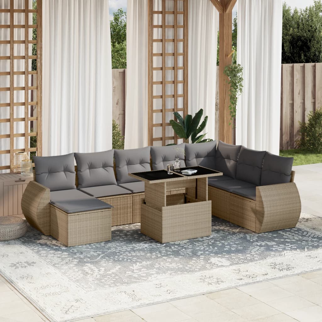 Salon de jardin avec coussins 9 pcs beige résine tressée