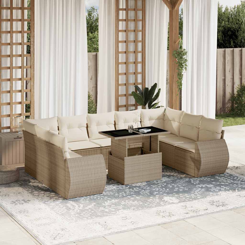 Salon de jardin avec coussins 10 pcs beige résine tressée