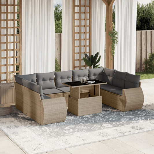 Salon de jardin avec coussins 10 pcs beige résine tressée