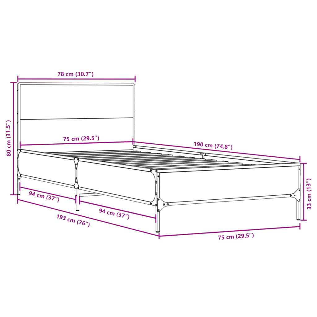 Cadre de lit sans matelas noir 75x190 cm