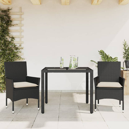 Ensemble à manger de jardin et coussins 3 pcs noir rotin verre