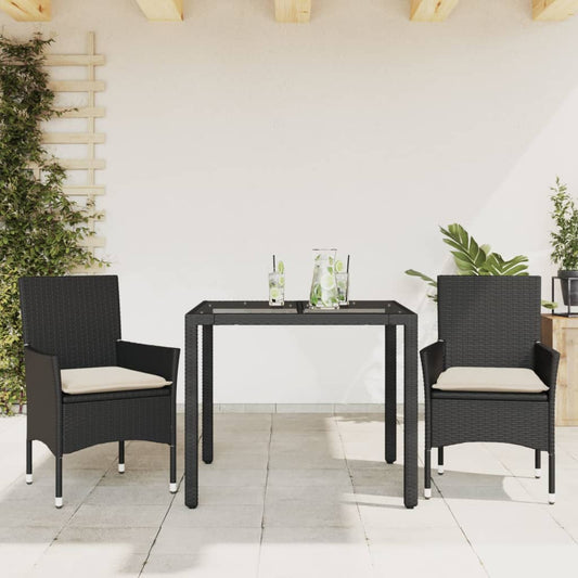 Ensemble à manger de jardin et coussins 3 pcs noir rotin verre