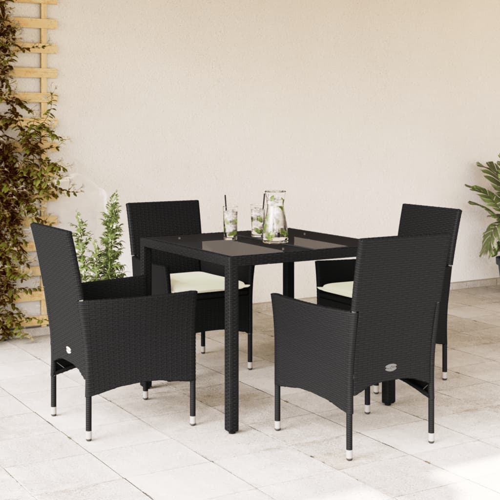 Ensemble à manger de jardin et coussins 5 pcs noir rotin verre